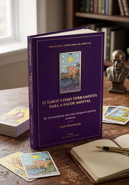 E-book O Tarot como ferramenta para a saúde mental sobre a mesa, com o busto de Jung e as cartas do Tarot